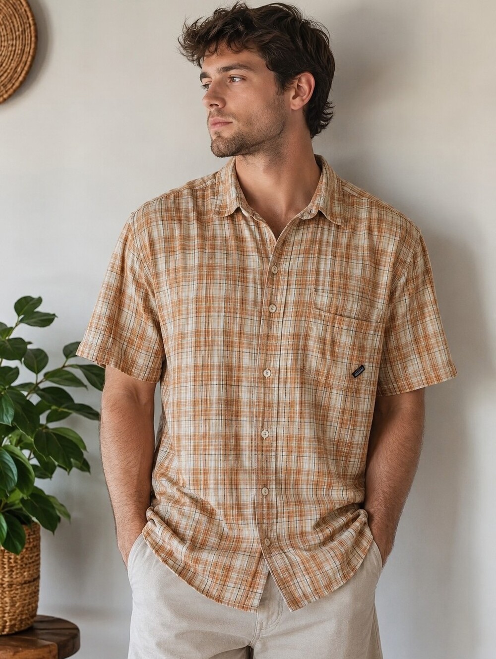 Patagonia Orange and Cream Plaid Short-Sleeve Button-Down Shirt XL
